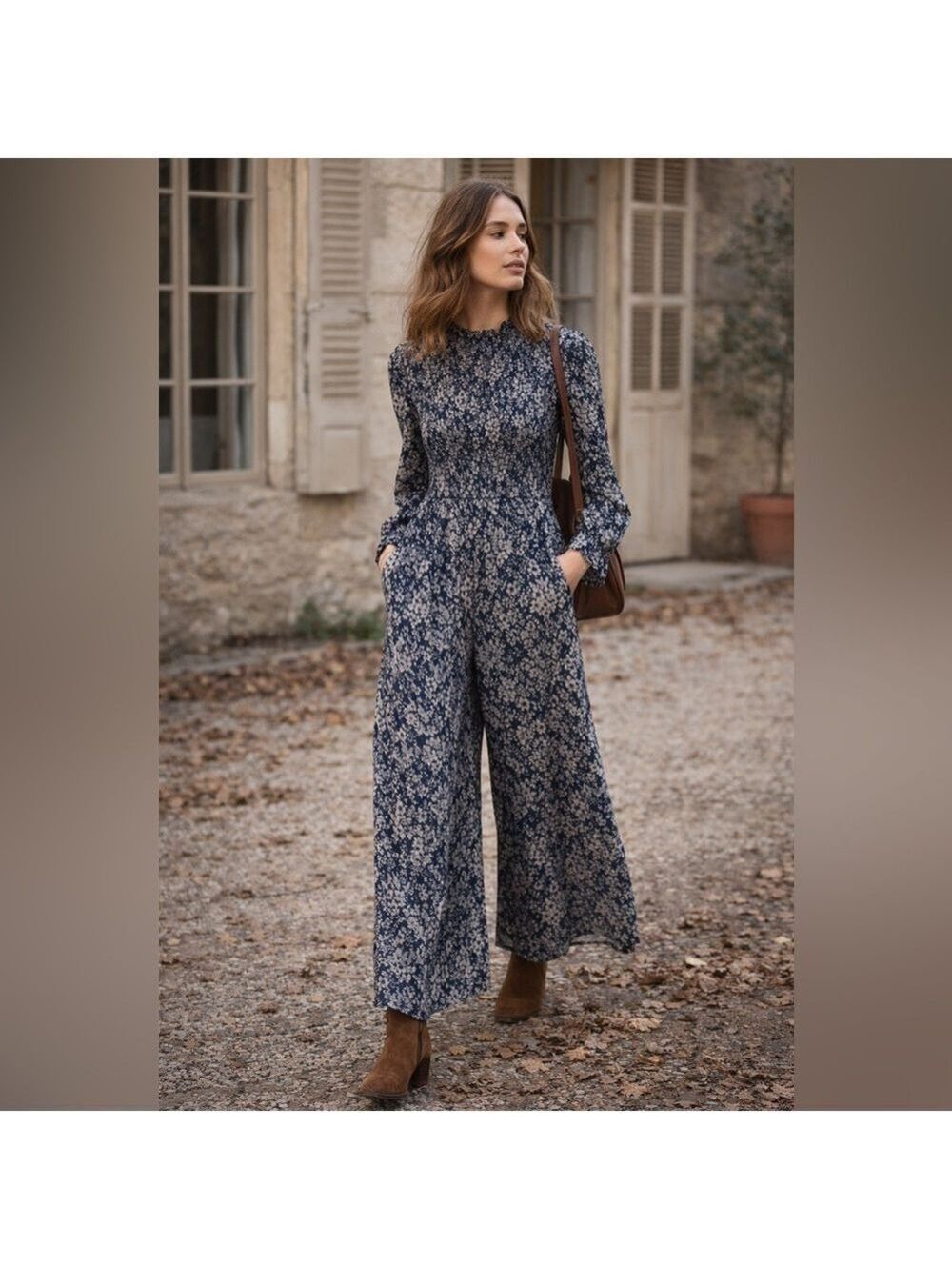 ASOS Floral Smocked Jumpsuit Size 4 Cottagecore Prairie Romantic Long Sleeve